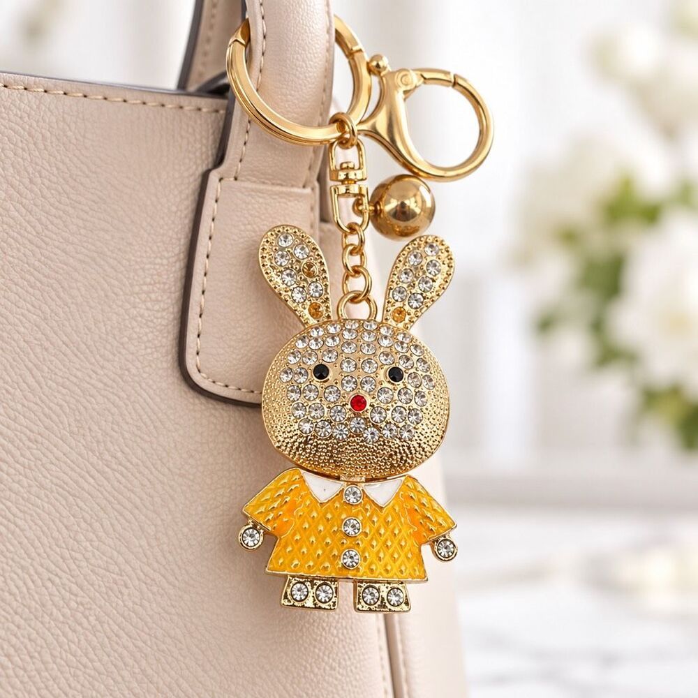 Gold Rhinestone Bunny Bag Charm Keychain Purse Charm Yellow Enamel NWT